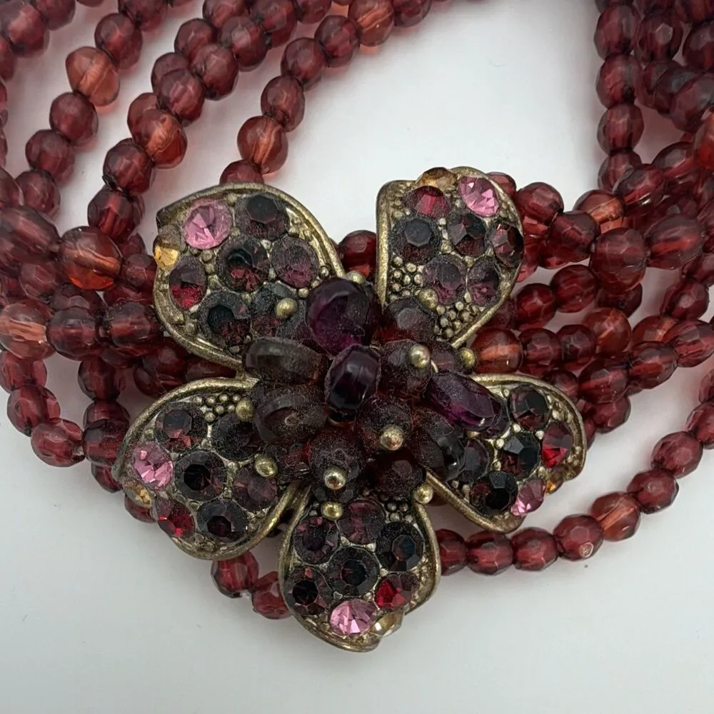 Red Stretch Multistrand Beaded Ball/Bead Bracelet Flower Pavé Crystal Pendant